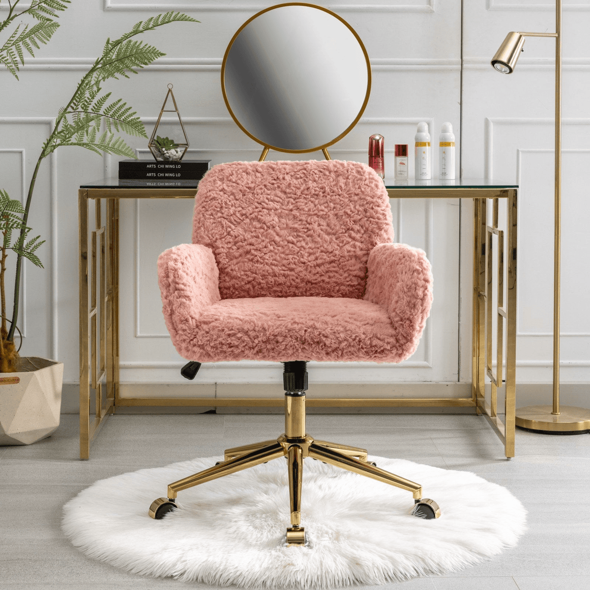 Artificial Rabbit Hair Office Chair with Golden Metal Base, Adjustable Swivel Chair - Mervyns
