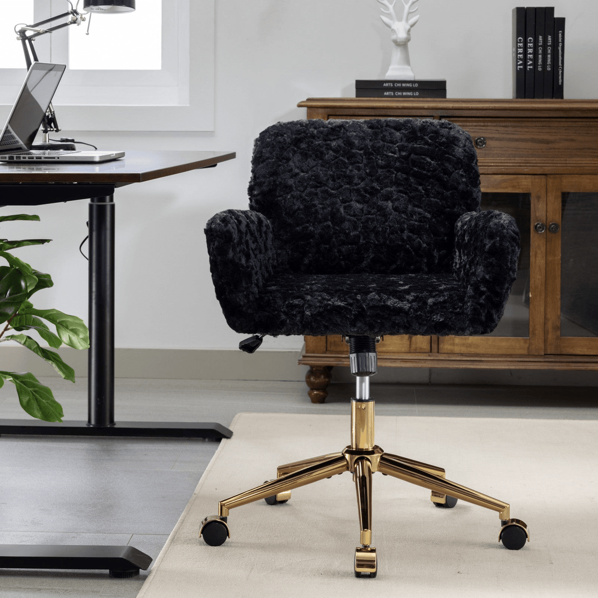Artificial Rabbit Hair Office Chair with Golden Metal Base, Adjustable Swivel Chair - Mervyns