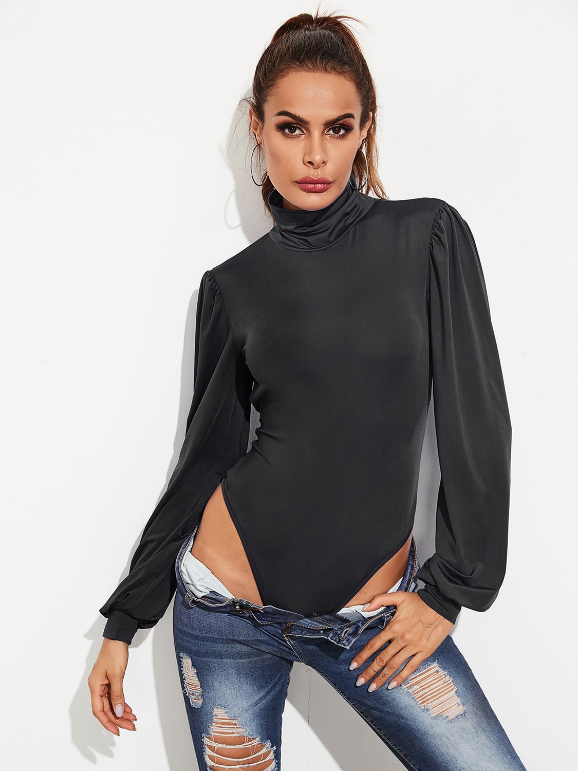 Backless Tie - Waist Turtleneck Lantern Sleeve Bodysuit - Mervyns