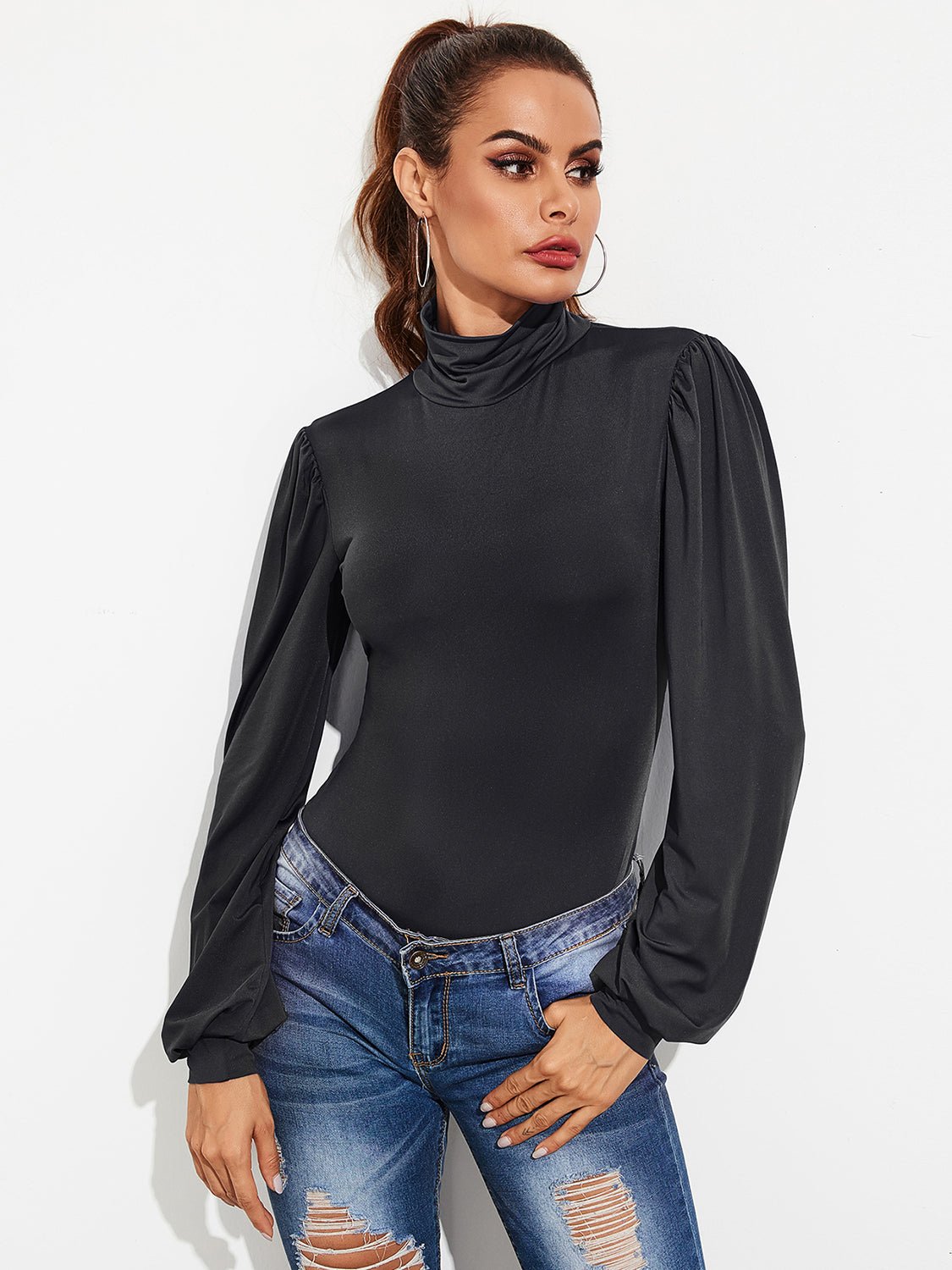 Backless Tie - Waist Turtleneck Lantern Sleeve Bodysuit - Mervyns