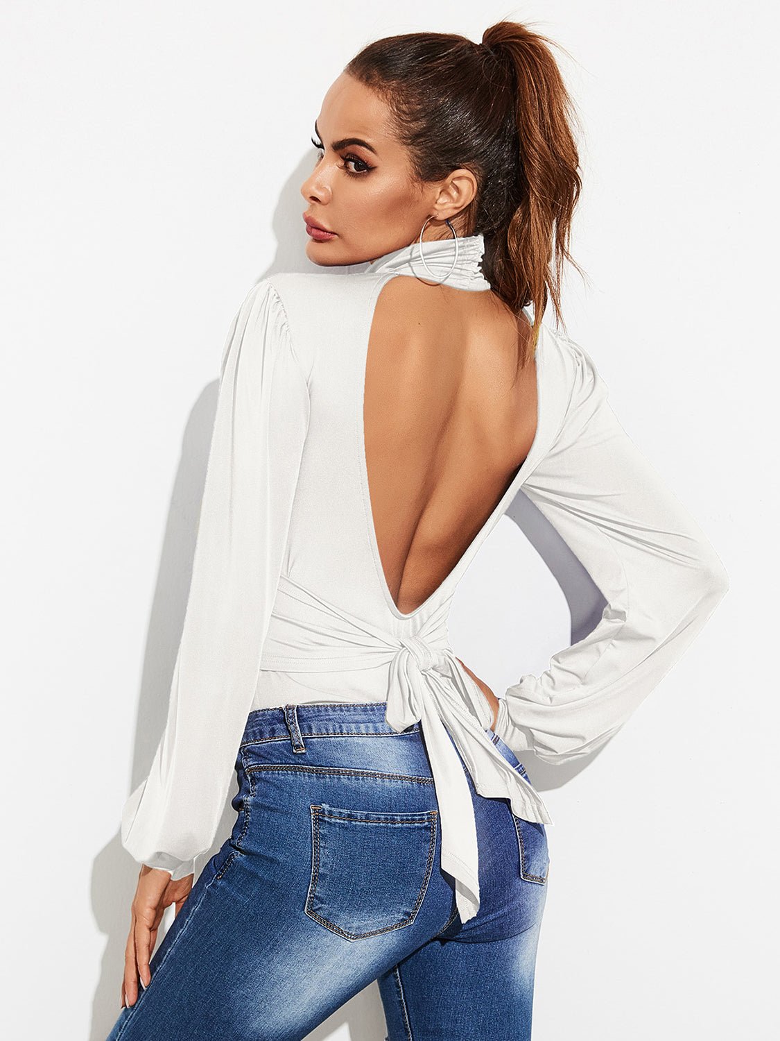 Backless Tie - Waist Turtleneck Lantern Sleeve Bodysuit - Mervyns