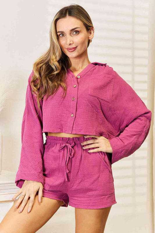 Basic Bae Buttoned Long Sleeve Top and Shorts Set - Mervyns