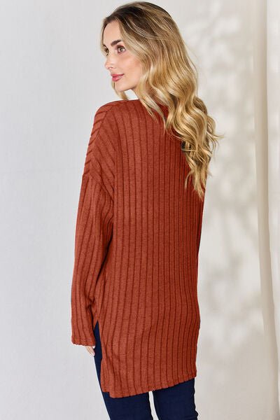 Basic Bae Full Size Ribbed Half Button Long Sleeve High - Low T-Shirt - Mervyns