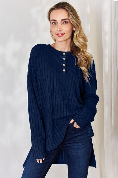 Basic Bae Full Size Ribbed Half Button Long Sleeve High - Low T-Shirt - Mervyns