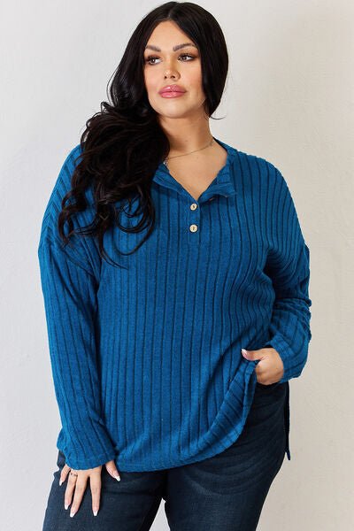 Basic Bae Full Size Ribbed Half Button Long Sleeve High - Low T-Shirt - Mervyns