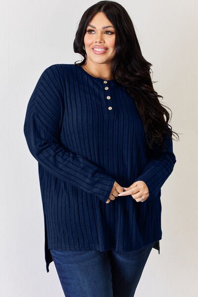 Basic Bae Full Size Ribbed Half Button Long Sleeve High - Low T-Shirt - Mervyns