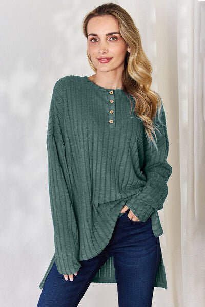 Basic Bae Full Size Ribbed Half Button Long Sleeve High - Low T-Shirt - Mervyns