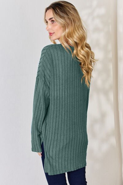 Basic Bae Full Size Ribbed Half Button Long Sleeve High - Low T-Shirt - Mervyns