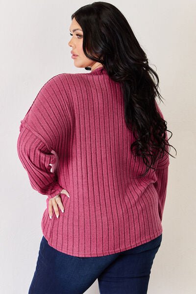 Basic Bae Full Size Ribbed Half Button Long Sleeve High - Low T-Shirt - Mervyns