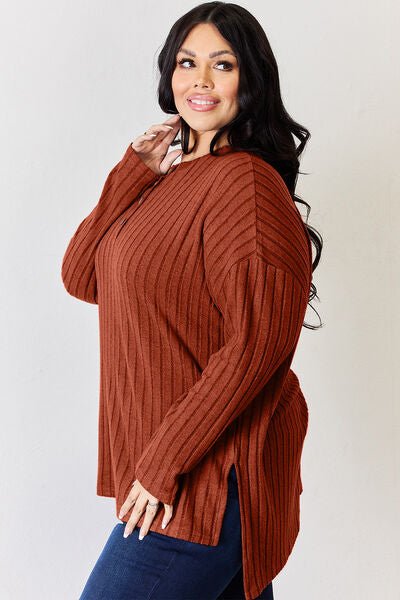 Basic Bae Full Size Ribbed Half Button Long Sleeve High - Low T-Shirt - Mervyns