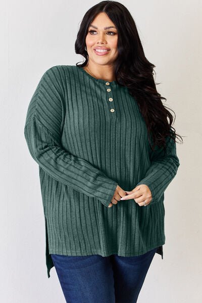 Basic Bae Full Size Ribbed Half Button Long Sleeve High - Low T-Shirt - Mervyns