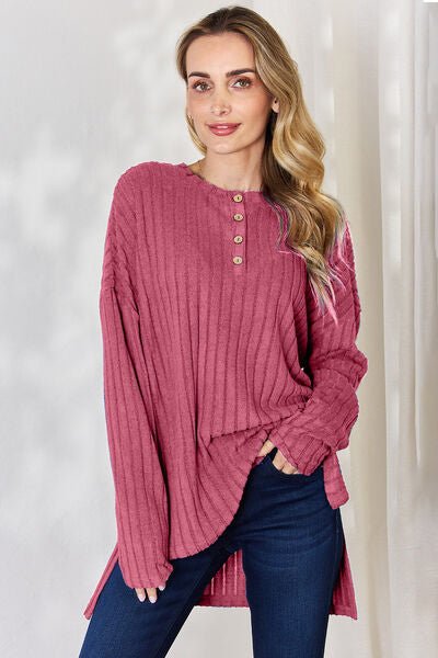 Basic Bae Full Size Ribbed Half Button Long Sleeve High - Low T-Shirt - Mervyns