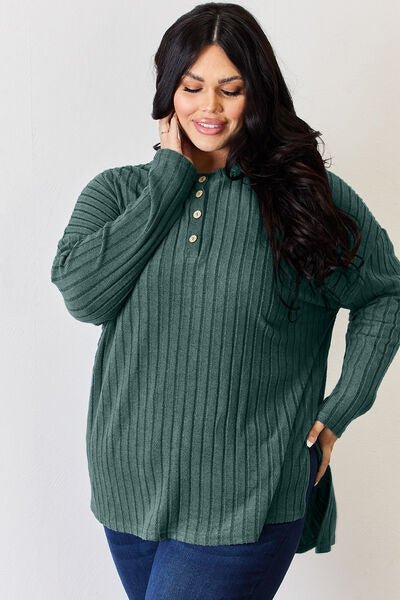 Basic Bae Full Size Ribbed Half Button Long Sleeve High - Low T-Shirt - Mervyns