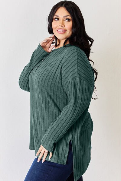 Basic Bae Full Size Ribbed Half Button Long Sleeve High - Low T-Shirt - Mervyns