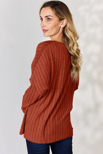 Basic Bae Full Size Ribbed Half Button Long Sleeve T-Shirt - Mervyns