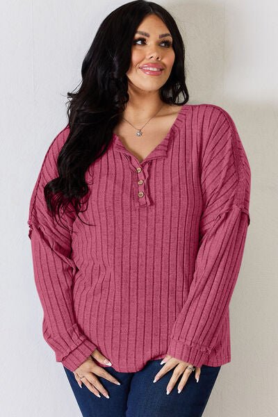 Basic Bae Full Size Ribbed Half Button Long Sleeve T-Shirt - Mervyns