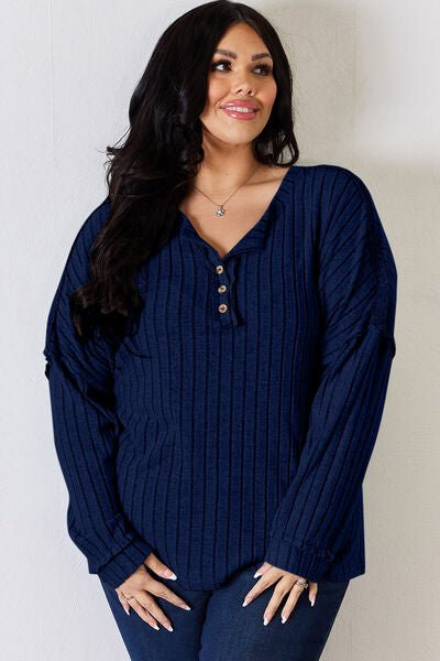 Basic Bae Full Size Ribbed Half Button Long Sleeve T-Shirt - Mervyns