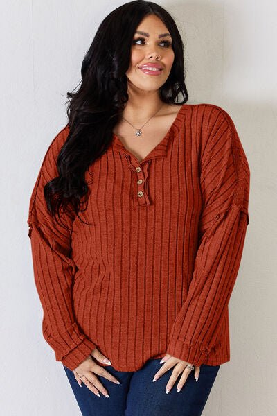 Basic Bae Full Size Ribbed Half Button Long Sleeve T-Shirt - Mervyns