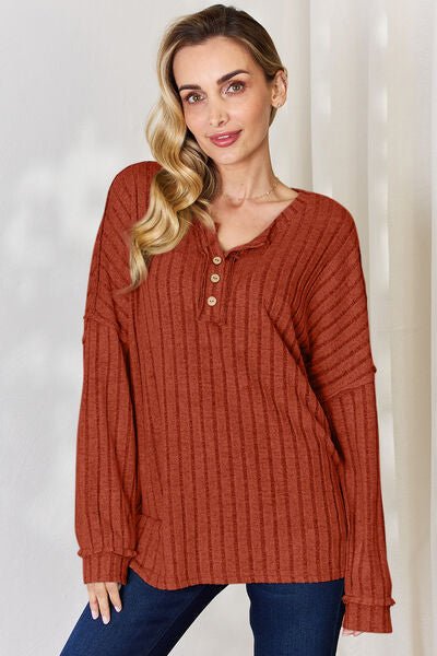 Basic Bae Full Size Ribbed Half Button Long Sleeve T-Shirt - Mervyns