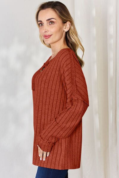 Basic Bae Full Size Ribbed Half Button Long Sleeve T-Shirt - Mervyns