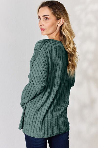 Basic Bae Full Size Ribbed Half Button Long Sleeve T-Shirt - Mervyns