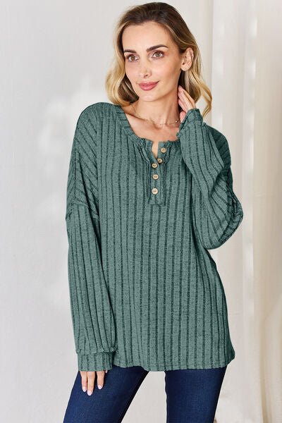 Basic Bae Full Size Ribbed Half Button Long Sleeve T-Shirt - Mervyns