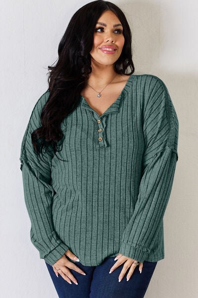 Basic Bae Full Size Ribbed Half Button Long Sleeve T-Shirt - Mervyns