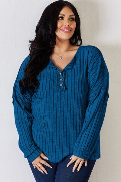 Basic Bae Full Size Ribbed Half Button Long Sleeve T-Shirt - Mervyns