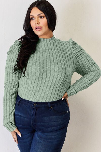 Basic Bae Full Size Ribbed Mock Neck Puff Sleeve T-Shirt - Mervyns