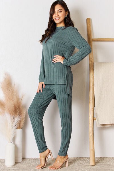 Basic Bae Full Size Ribbed Round Neck High - Low Slit Top and Pants Set - Mervyns