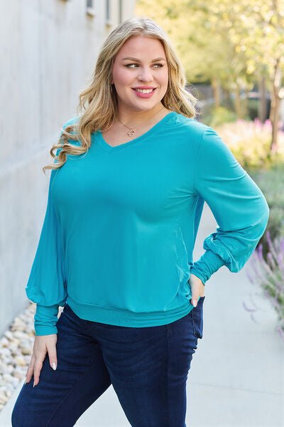 Basic Bae Full Size V - Neck Lantern Sleeve Blouse - Mervyns