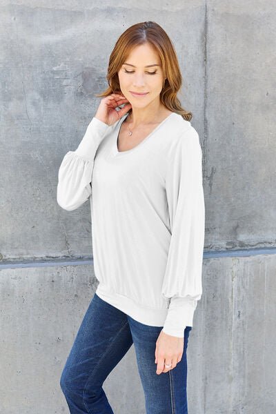 Basic Bae Full Size V - Neck Lantern Sleeve Blouse - Mervyns