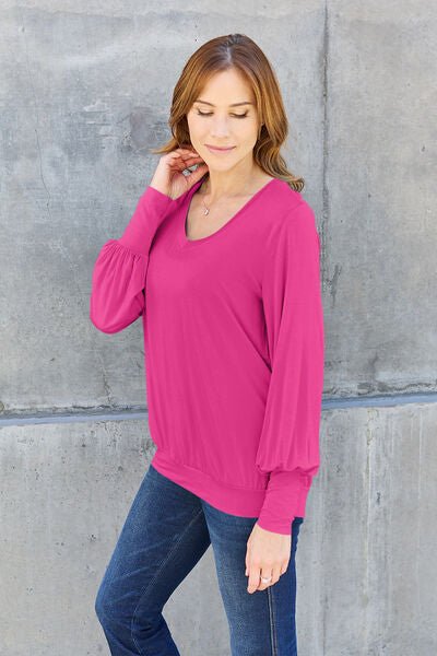 Basic Bae Full Size V - Neck Lantern Sleeve Blouse - Mervyns