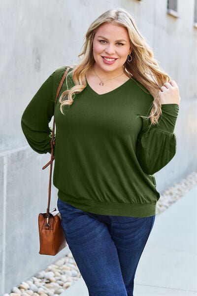 Basic Bae Full Size V - Neck Lantern Sleeve Blouse - Mervyns