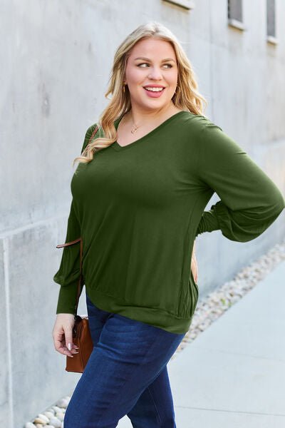 Basic Bae Full Size V - Neck Lantern Sleeve Blouse - Mervyns