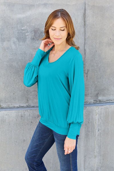 Basic Bae Full Size V - Neck Lantern Sleeve Blouse - Mervyns