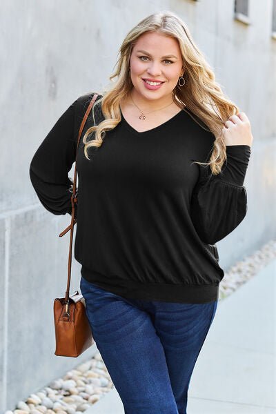 Basic Bae Full Size V - Neck Lantern Sleeve Blouse - Mervyns