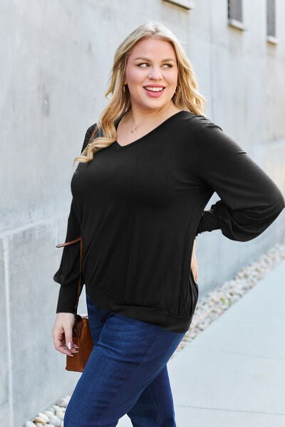 Basic Bae Full Size V - Neck Lantern Sleeve Blouse - Mervyns