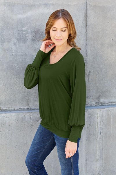 Basic Bae Full Size V - Neck Lantern Sleeve Blouse - Mervyns