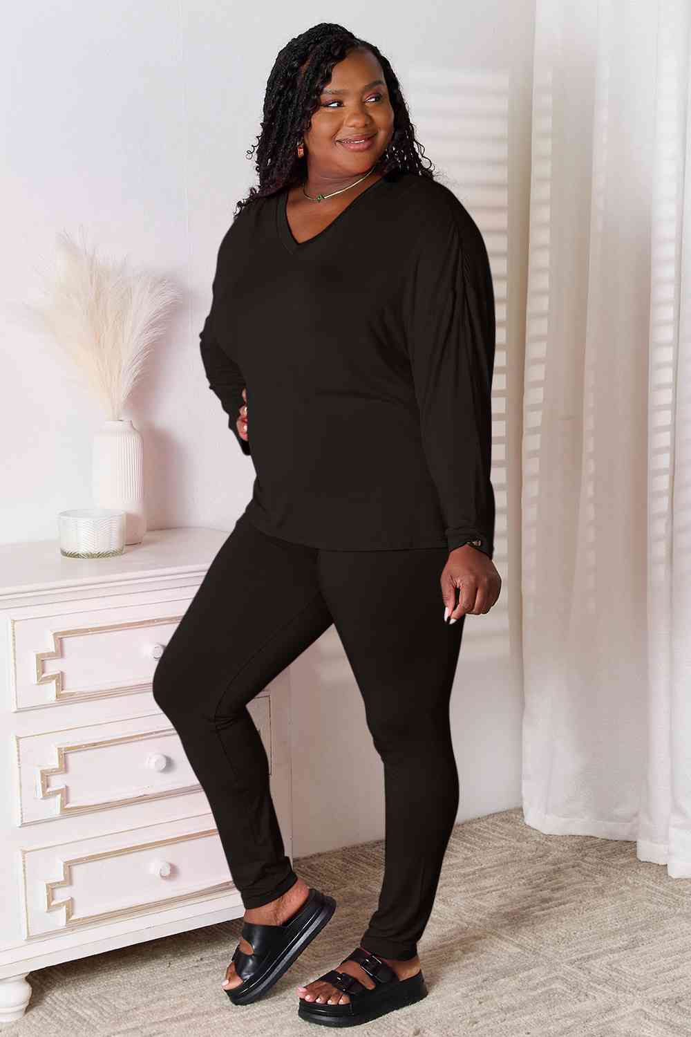 Basic Bae Full Size V - Neck Soft Rayon Long Sleeve Top and Pants Lounge Set - Mervyns