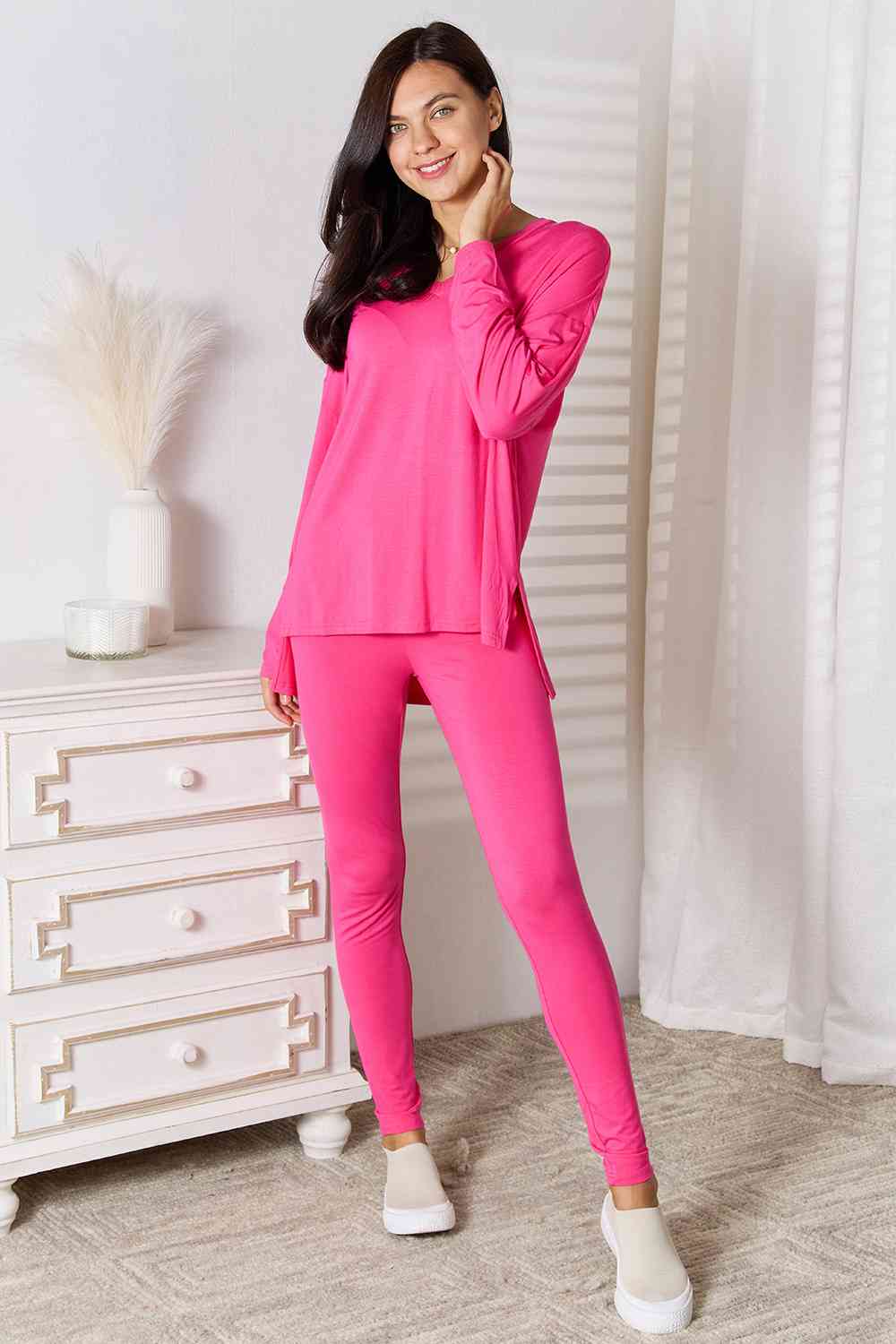 Basic Bae Full Size V - Neck Soft Rayon Long Sleeve Top and Pants Lounge Set - Mervyns