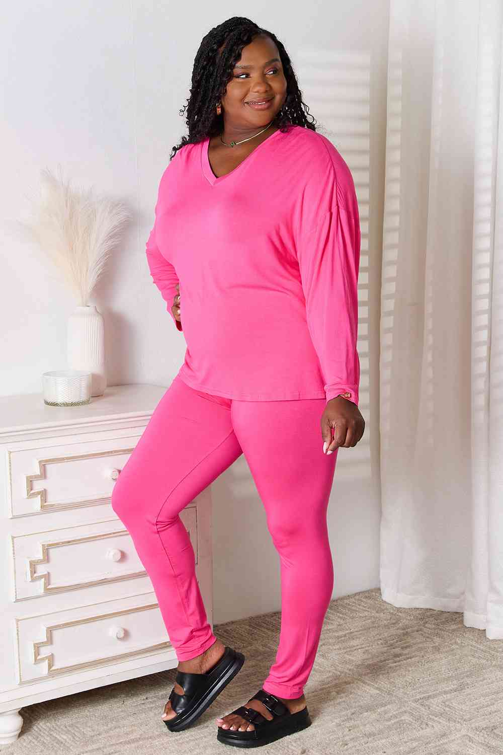 Basic Bae Full Size V - Neck Soft Rayon Long Sleeve Top and Pants Lounge Set - Mervyns