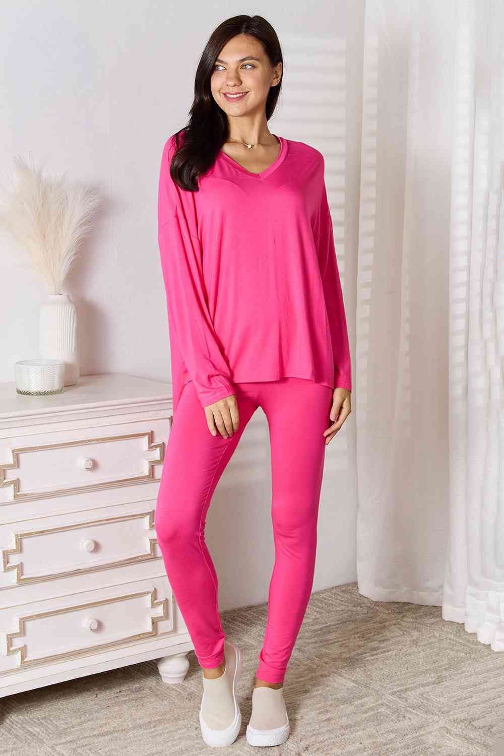 Basic Bae Full Size V - Neck Soft Rayon Long Sleeve Top and Pants Lounge Set - Mervyns