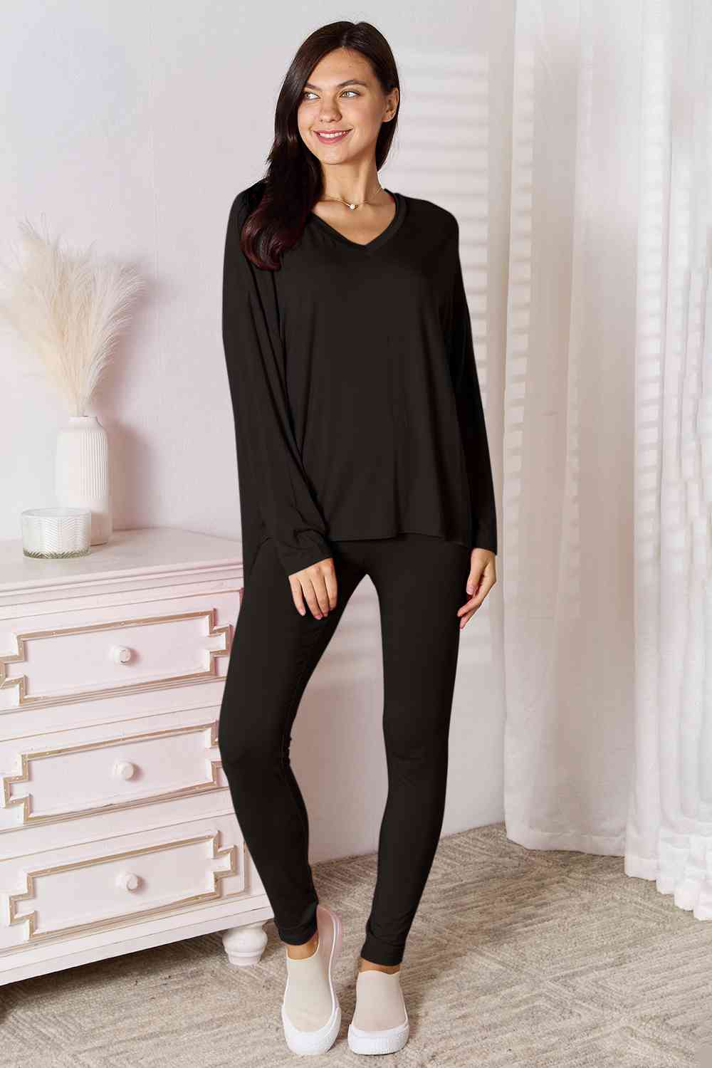 Basic Bae Full Size V - Neck Soft Rayon Long Sleeve Top and Pants Lounge Set - Mervyns