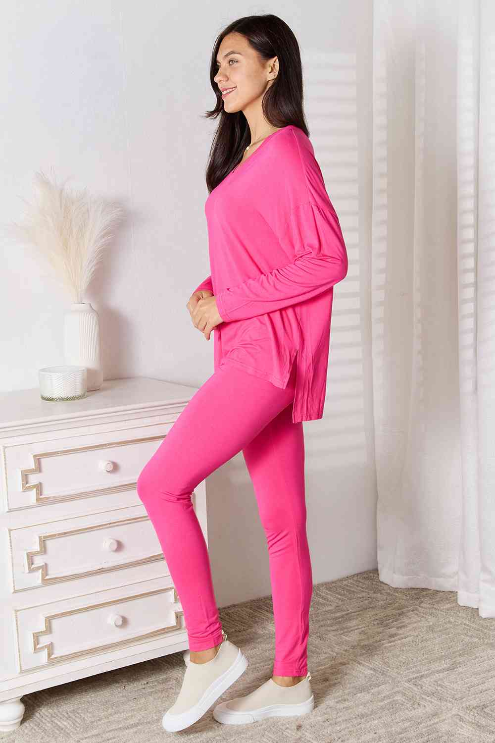 Basic Bae Full Size V - Neck Soft Rayon Long Sleeve Top and Pants Lounge Set - Mervyns