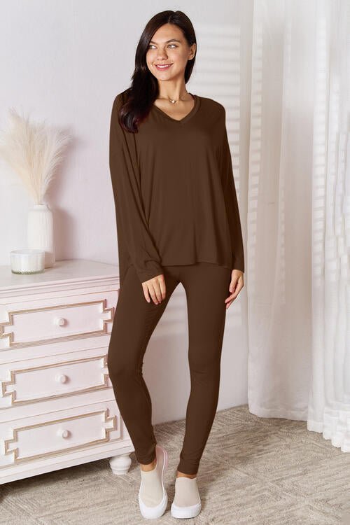 Basic Bae Full Size V - Neck Soft Rayon Long Sleeve Top and Pants Lounge Set - Mervyns