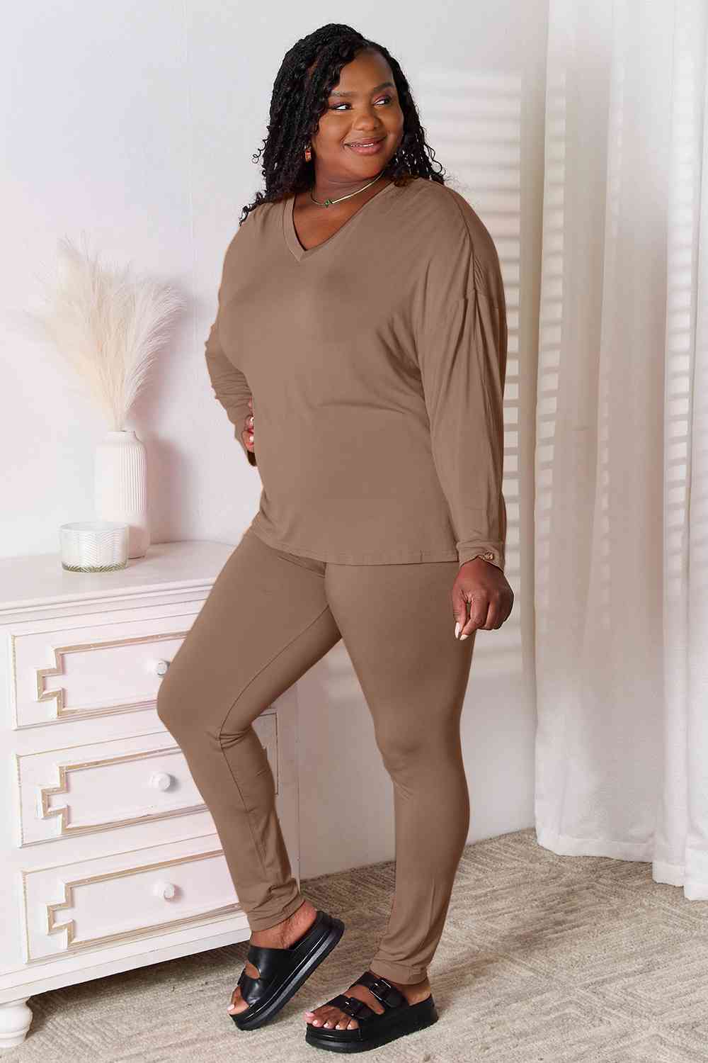 Basic Bae Full Size V - Neck Soft Rayon Long Sleeve Top and Pants Lounge Set - Mervyns