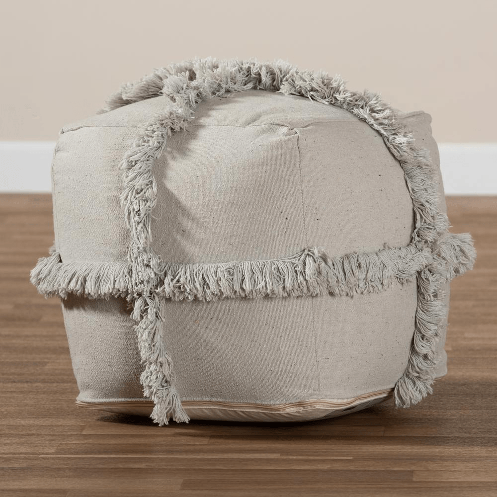 Baxton Studio Alfro Moroccan Inspired Grey Handwoven Cotton Fringe Pouf Ottoman - Mervyns