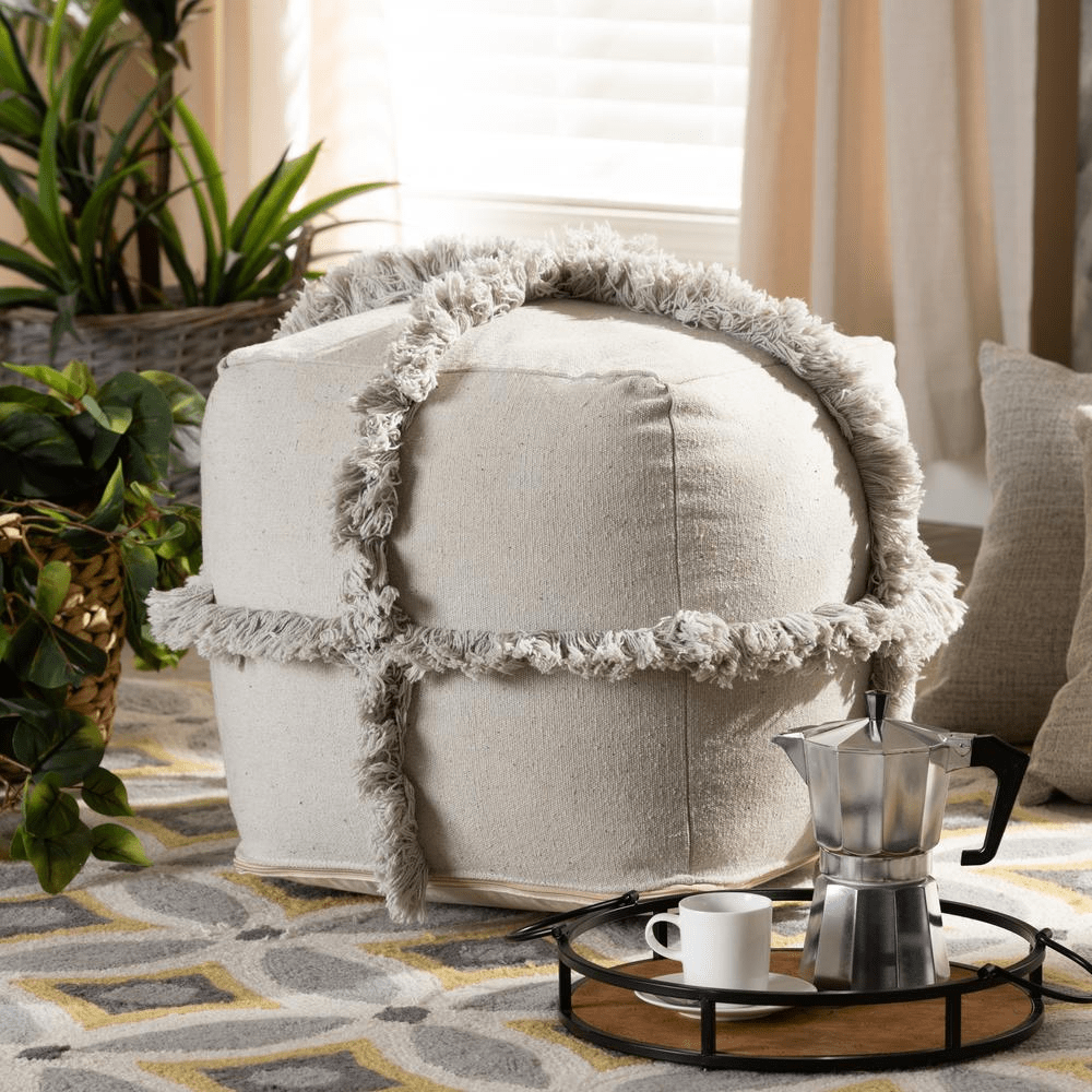 Baxton Studio Alfro Moroccan Inspired Grey Handwoven Cotton Fringe Pouf Ottoman - Mervyns