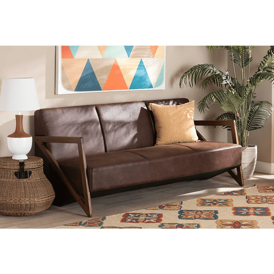 Baxton Studio Christa Mid - Century Modern Transitional Dark Brown Faux Leather Effect Fabric Upholstered and Walnut Brown Finished Wood Sofa - Mervyns